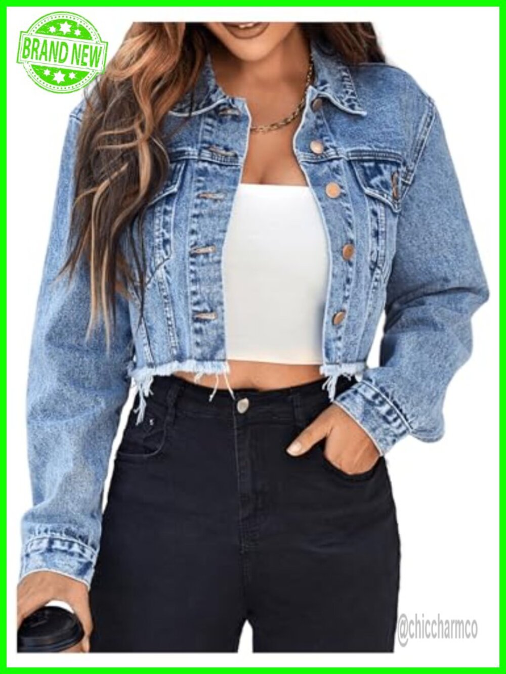 Cropped Denim Jean Jacket Raw Hem Long Sleeve Button Down